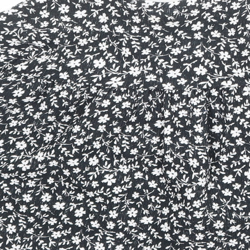 Zara Girls Black Floral Polyester Basic Blouse Size 8 Years Boat Neck Button