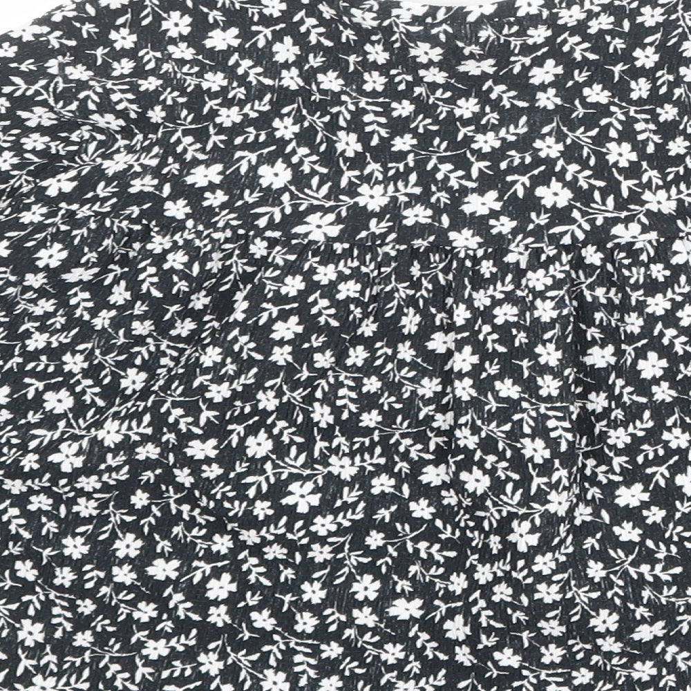 Zara Girls Black Floral Polyester Basic Blouse Size 8 Years Boat Neck Button