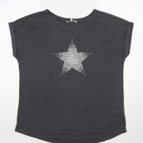 NEXT Womens Grey Cotton Basic T-Shirt Size 16 Round Neck - Star Print