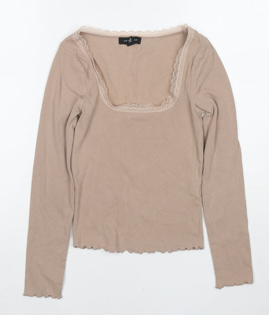 New Look Womens Beige Cotton Basic T-Shirt Size 8 Round Neck - Lace Details