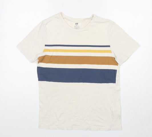 H&M Boys Ivory Cotton Basic T-Shirt Size 12-13 Years Round Neck Pullover - Age 12-14 Years Stripe Detail