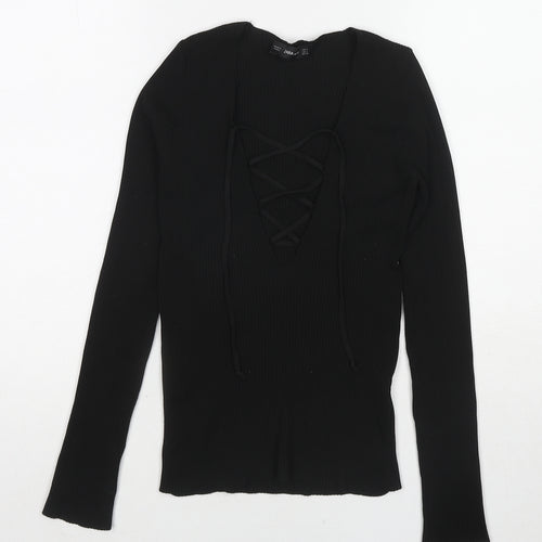 Zara Womens Black Polyamide Basic T-Shirt Size S V-Neck