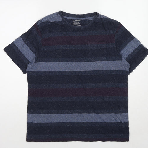 Marks and Spencer Mens Blue Striped Cotton T-Shirt Size L Round Neck