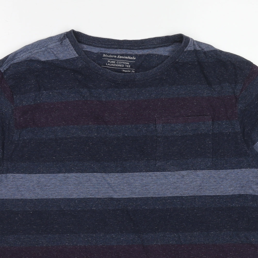Marks and Spencer Mens Blue Striped Cotton T-Shirt Size L Round Neck