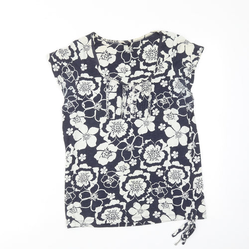 NEXT Womens Blue Floral Cotton Basic T-Shirt Size 8 Scoop Neck - Tie Front Detail