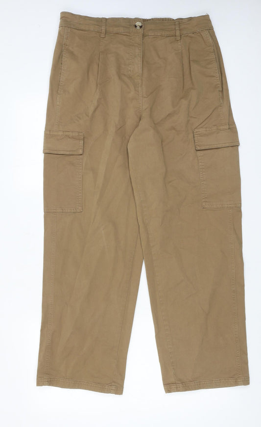 Marks and Spencer Womens Brown Cotton Cargo Trousers Size 14 Regular Zip