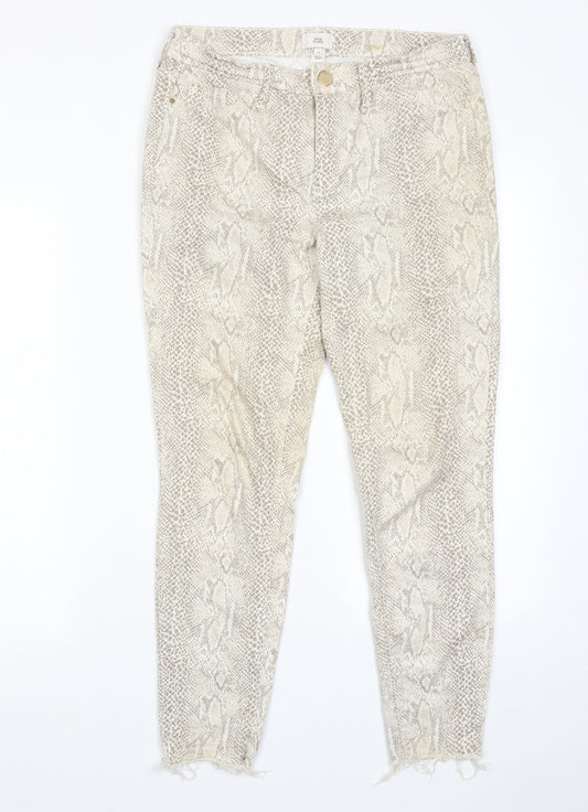 River Island Womens Beige Animal Print Cotton Skinny Jeans Size 10 Regular Zip - Snakeskin Pattern
