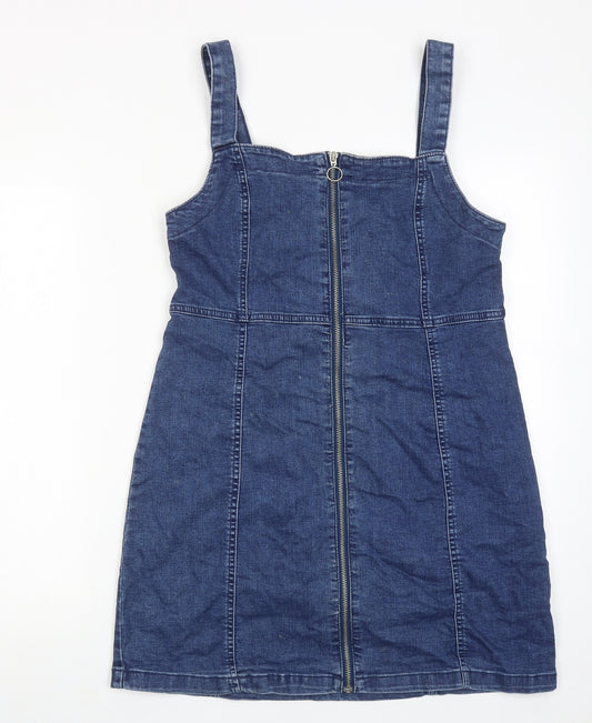 Denim & Co. Womens Blue Cotton Pinafore/Dungaree Dress Size 16 Square Neck Zip