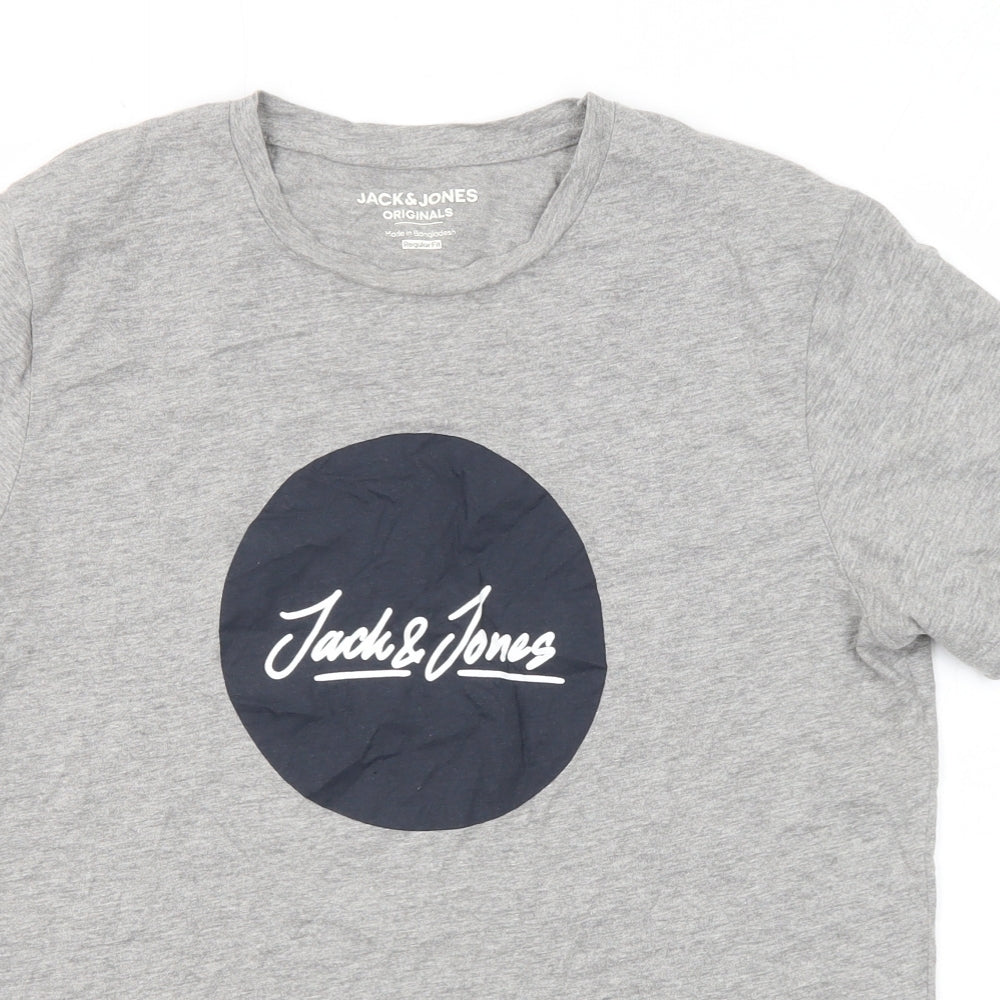 JACK & JONES Mens Grey Cotton T-Shirt Size S Crew Neck