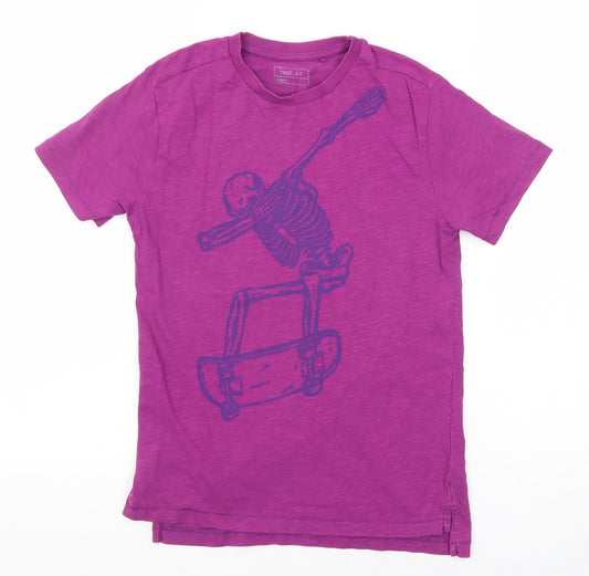 NEXT Boys Purple Cotton Basic T-Shirt Size 7 Years Round Neck Pullover - Skeleton Skateboard