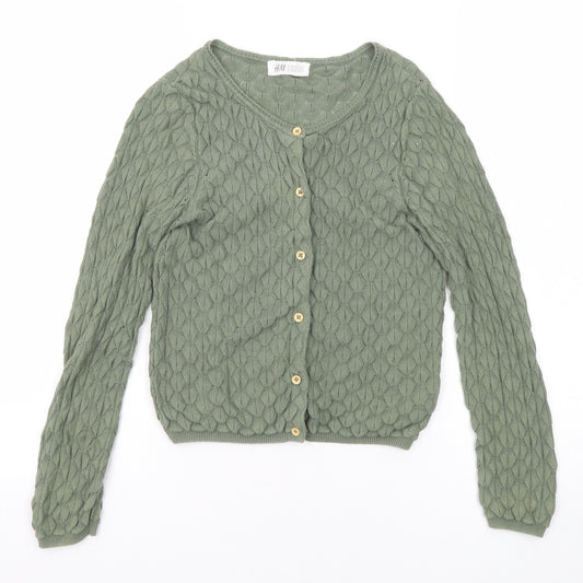 H&M Girls Green V-Neck Geometric Cotton Cardigan Jumper Size 7-8 Years Button