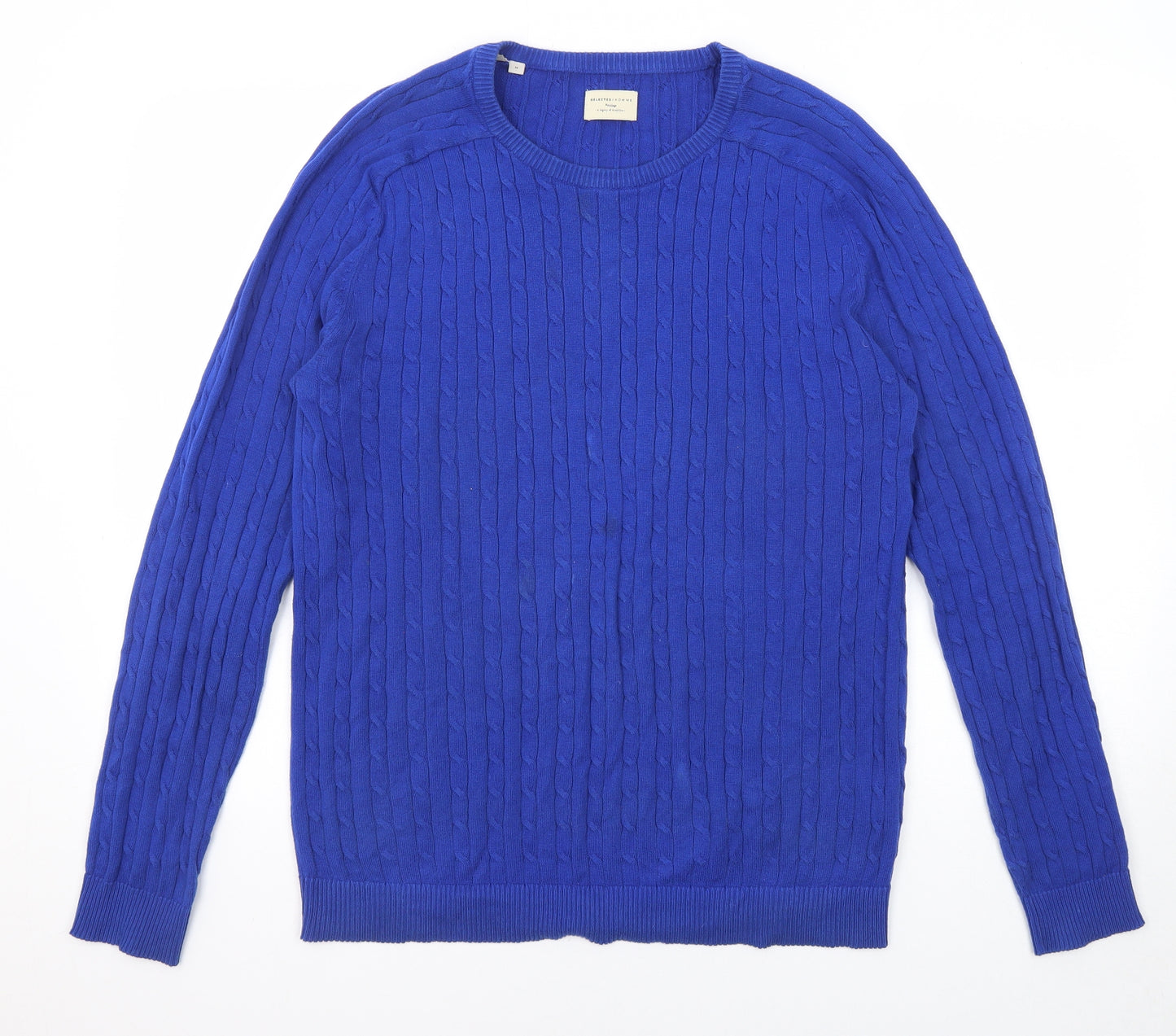 Selected Homme Mens Blue Round Neck Cotton Pullover Jumper Size M Long Sleeve