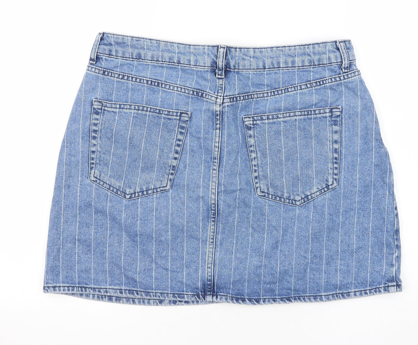 Denim & Co. Womens Blue Striped Cotton A-Line Skirt Size 16 Button