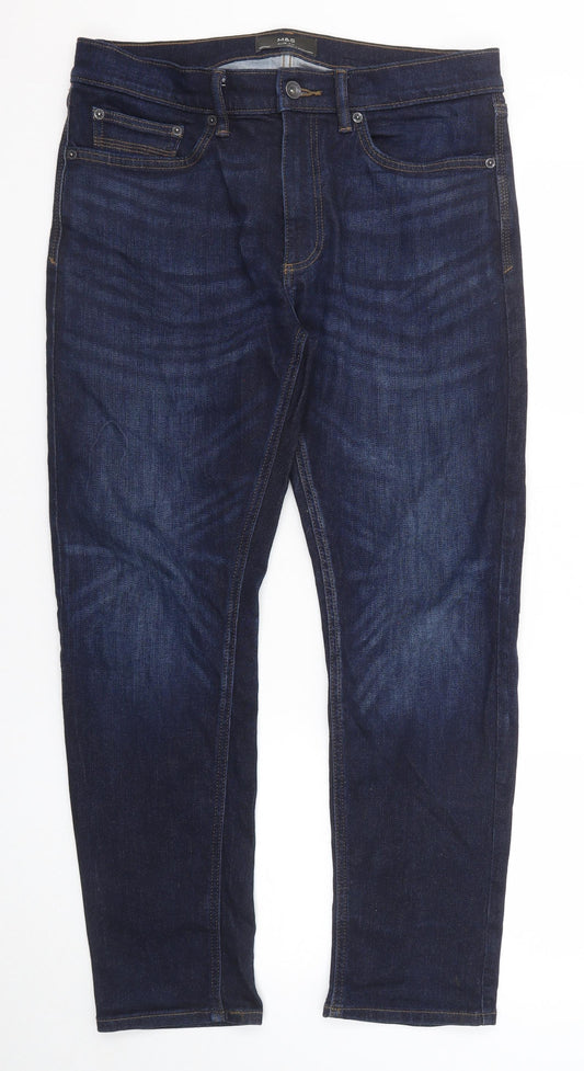 Marks and Spencer Mens Blue Cotton Skinny Jeans Size 32 in L29 in Slim Zip