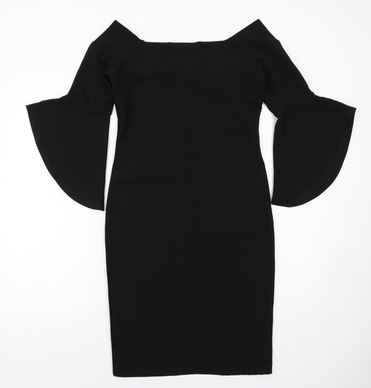 River Island Womens Black Polyester Pencil Dress Size 12 Square Neck Pullover - Flared Sleeve