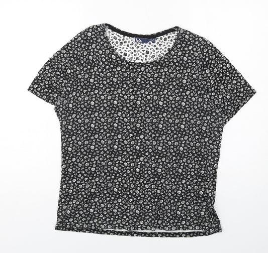 EWM Womens Black Floral Cotton Basic T-Shirt Size 14 Round Neck