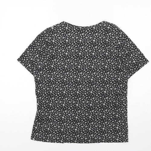 EWM Womens Black Floral Cotton Basic T-Shirt Size 14 Round Neck