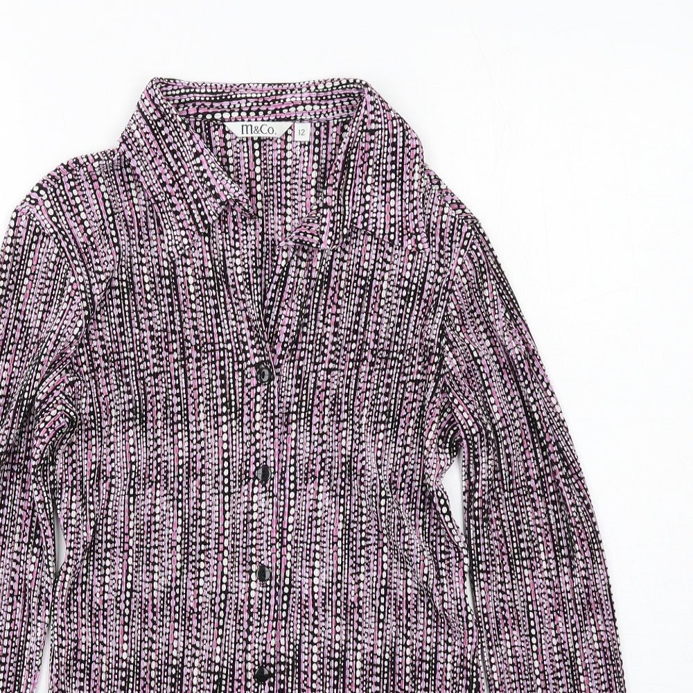 M&Co Womens Purple Geometric Polyester Basic Button-Up Size 12 Collared