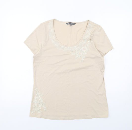Laura Ashley Womens Beige Cotton Basic T-Shirt Size 12 Scoop Neck - Lace Details