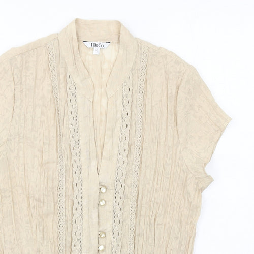 M&Co Womens Beige Polyester Basic Button-Up Size 14 V-Neck