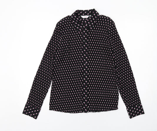 NEXT Womens Black Geometric Polyester Basic Button-Up Size 12 Collared