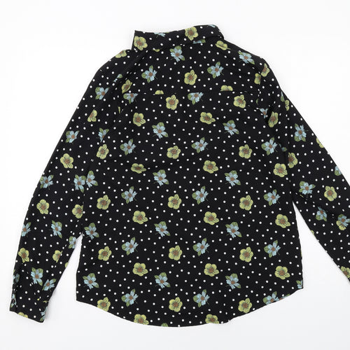 Brave Soul Womens Black Polka Dot Polyester Basic Button-Up Size M Collared - Flowers
