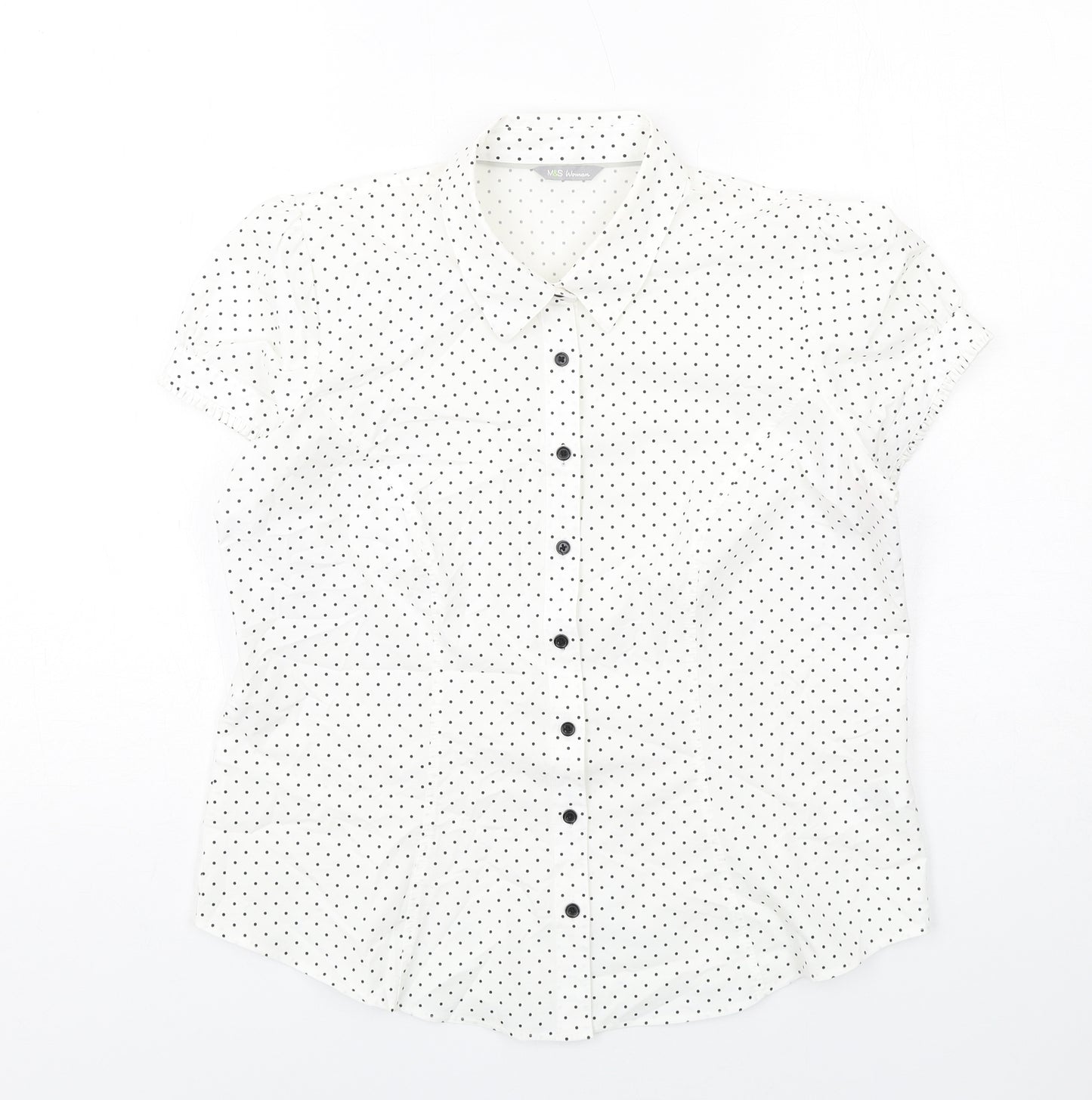 Marks and Spencer Womens White Polka Dot Cotton Basic Button-Up Size 16 Collared