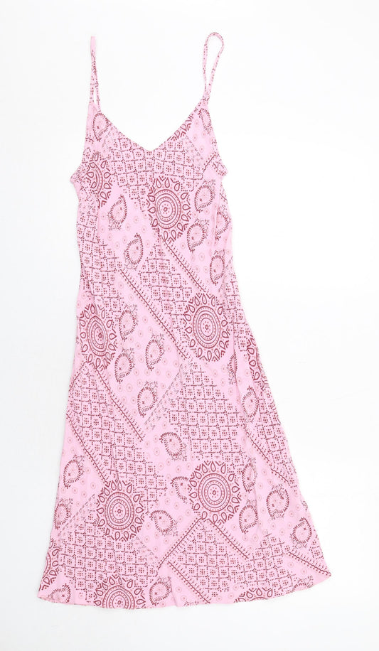 Casual Club Womens Pink Geometric Viscose Slip Dress Size 10 V-Neck Pullover
