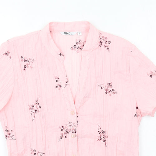 M&Co Womens Pink Floral Polyester Basic Button-Up Size 14 V-Neck