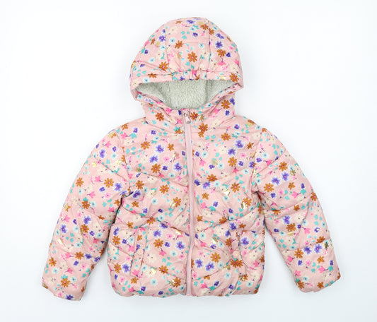 Marks and Spencer Girls Pink Floral Quilted Jacket Size 5-6 Years Zip