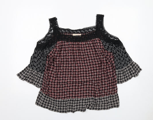 Per Una Womens Multicoloured Geometric Viscose Basic Blouse Size 14 Square Neck - Cold Shoulder, Crochet Detail