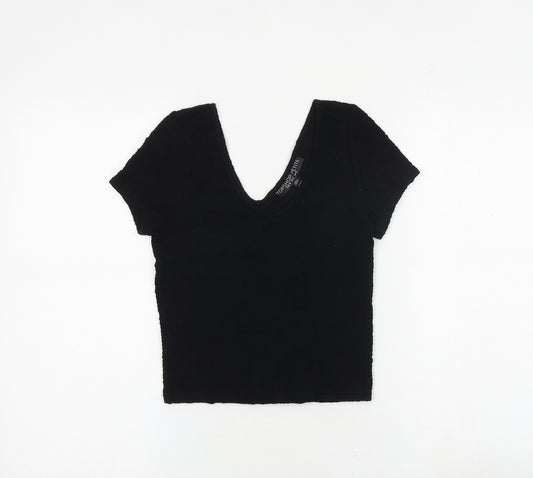 Topshop Womens Black Cotton Cropped T-Shirt Size 10 Scoop Neck