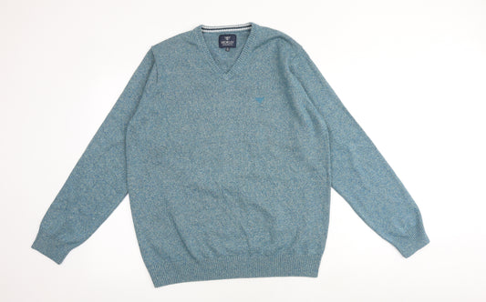 Morley Mens Blue V-Neck Cotton Pullover Jumper Size XL Long Sleeve