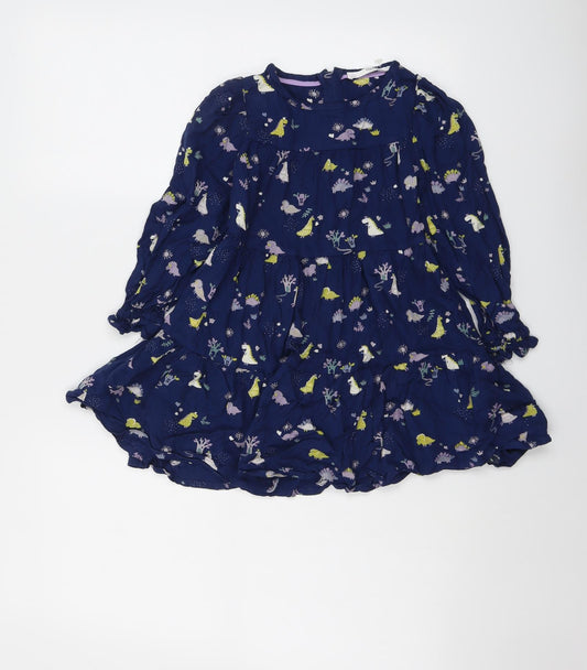 Marks and Spencer Girls Blue Geometric Viscose Fit & Flare Size 5-6 Years Boat Neck Button - Dinosaur Print