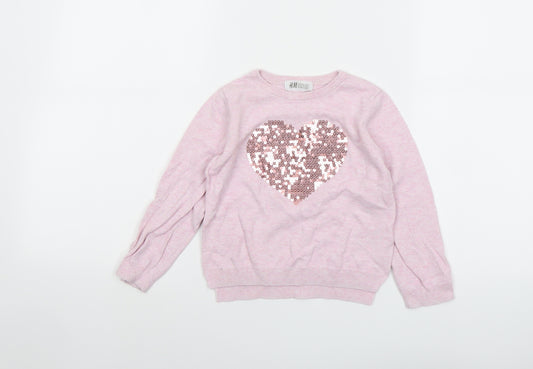 H&M Girls Pink Round Neck Cotton Pullover Jumper Size 3-4 Years Pullover - Heart