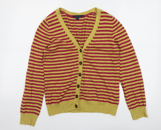 Boden Womens Yellow V-Neck Striped Cotton Cardigan Jumper Size 10