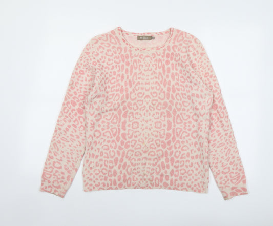 Brodie Womens Pink Round Neck Animal Print Cashmere Pullover Jumper Size L