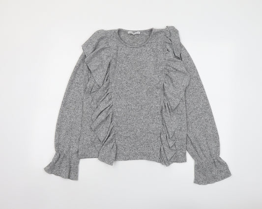 Pull&Bear Womens Grey Round Neck Polyester Pullover Jumper Size M
