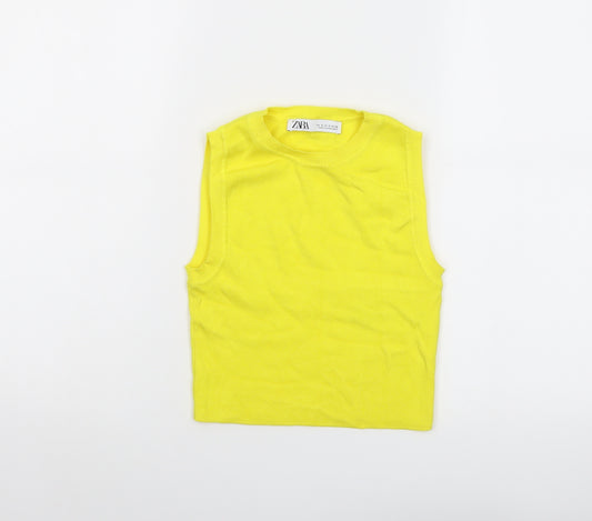 Zara Womens Yellow Viscose Cropped T-Shirt Size S Crew Neck