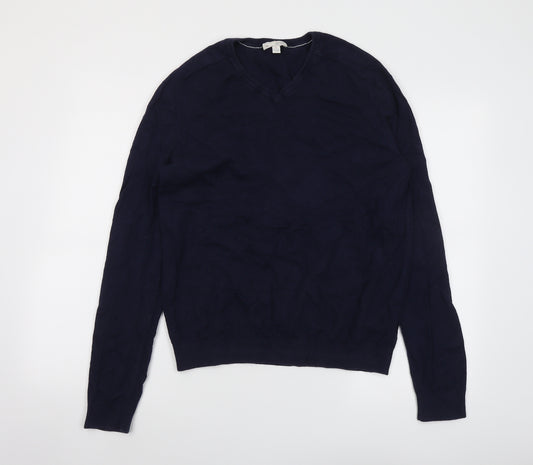 Gap Mens Blue V-Neck Cotton Pullover Jumper Size M Long Sleeve