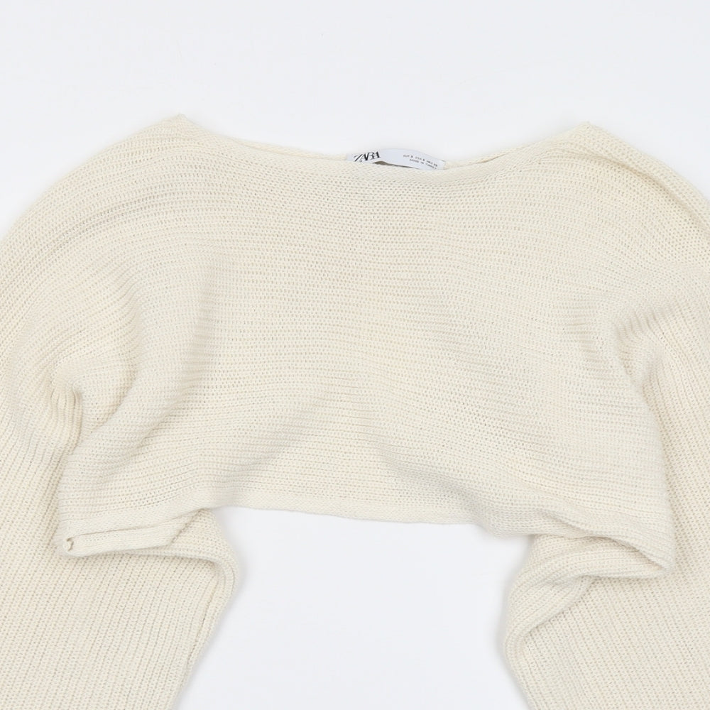 Zara Womens Ivory Round Neck Acrylic Pullover Jumper Size S - Cropped