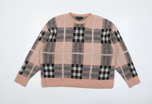 New Look Womens Pink Round Neck Plaid Acrylic Pullover Jumper Size M