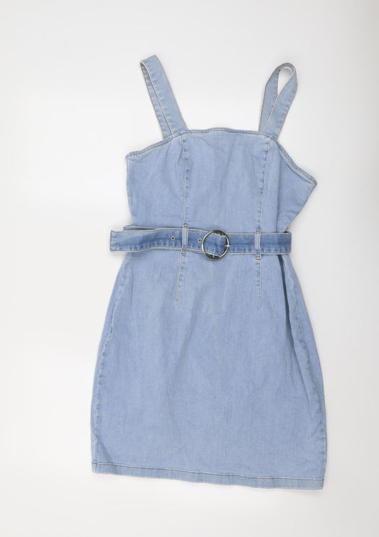 Denim & Co. Womens Blue Cotton Mini Size 14 Square Neck Zip
