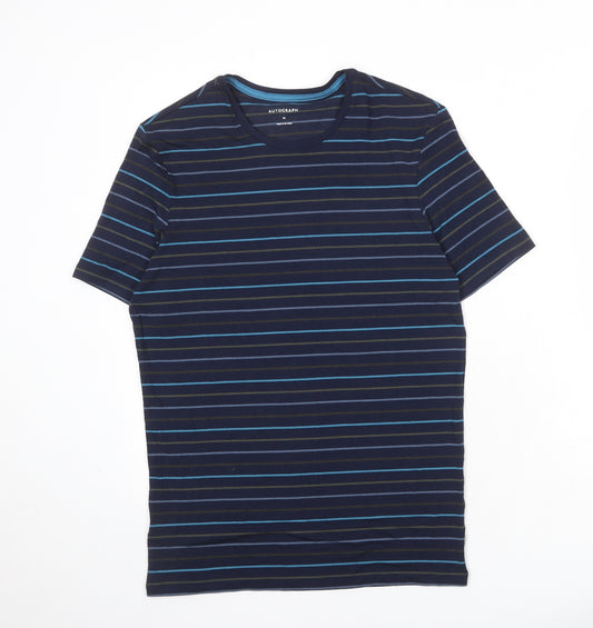 Autograph Mens Blue Striped Cotton T-Shirt Size M Round Neck