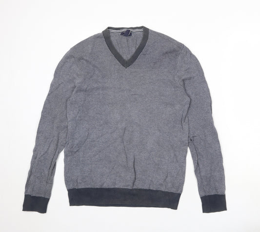 Gap Mens Grey V-Neck Geometric Cotton Pullover Jumper Size M Long Sleeve