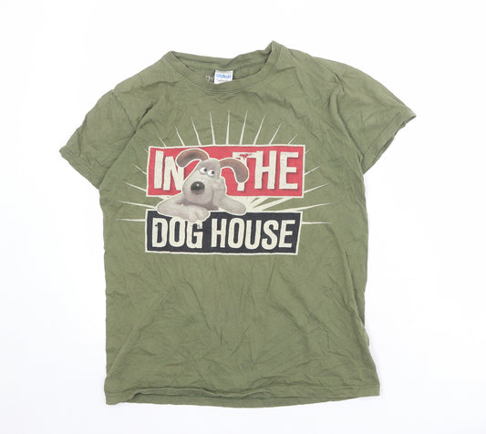 Wallace and Gromit Mens Green Cotton T-Shirt Size S Round Neck - In the dog house