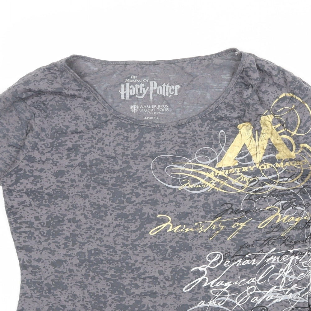 Harry Potter Womens Grey Geometric Cotton Basic T-Shirt Size L Boat Neck