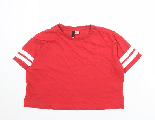 Divided by H&M Womens Red 100% Cotton Basic T-Shirt Size M Crew Neck - Stripe Detail