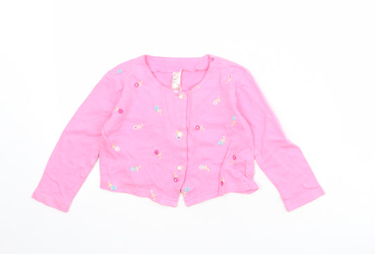 BHS Girls Pink Round Neck Floral Cotton Cardigan Jumper Size 3 Years Button