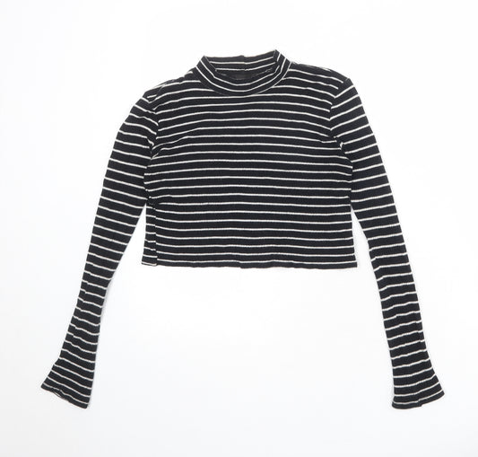 Topshop Womens Black Striped Cotton Cropped T-Shirt Size 8 Mock Neck